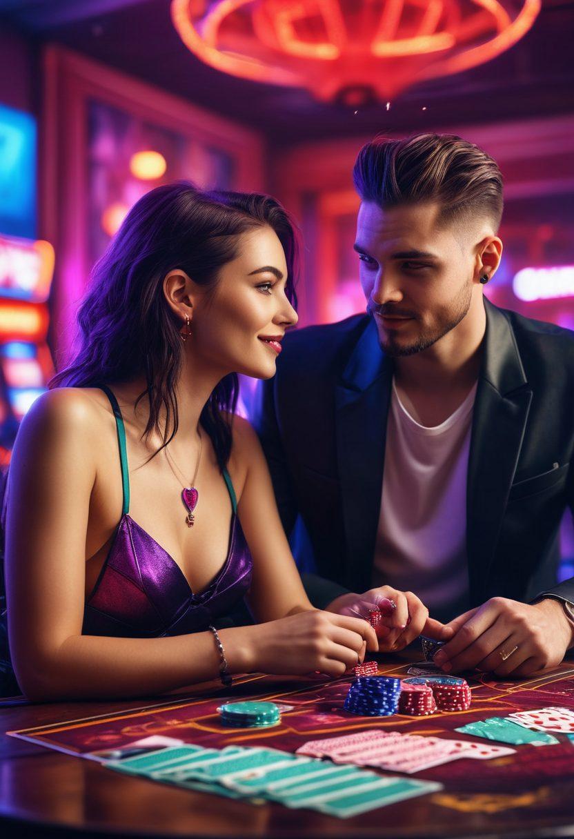 A couple joyfully engaged in an online gambling session, surrounded by sparkling casino-themed elements like playing cards and chips, illuminated by vibrant neon lights. The room is cozy with a hint of romance, featuring snacks and drinks on a table, and a glowing laptop screen displaying an exciting game. Include hearts and magic sparks in the air to emphasize romance. super-realistic. vibrant colors. cyberpunk.