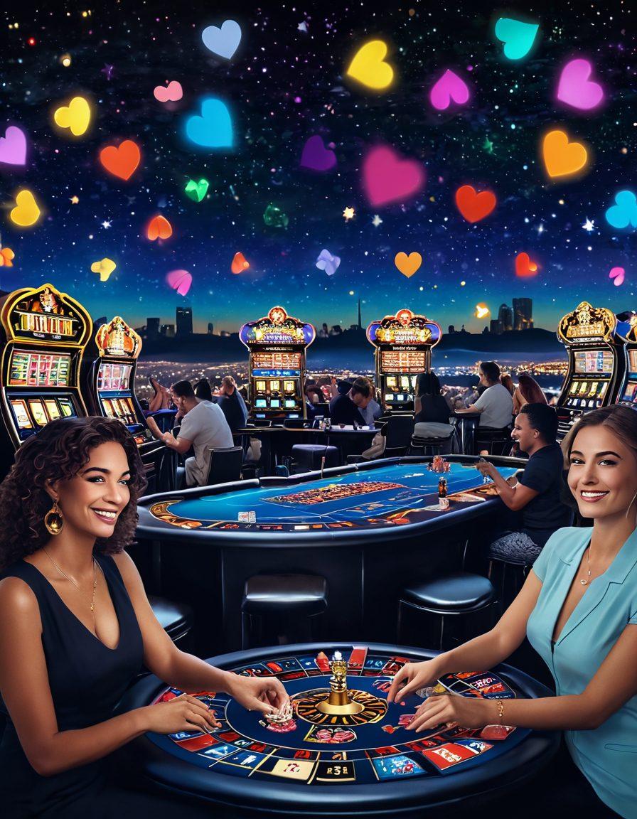 A digital collage featuring a glowing casino landscape filled with colorful slot machines and poker tables, where floating hearts intertwine with vibrant chips and coins. In the foreground, a diverse group of jubilant players are celebrating, their expressions reflecting joy and camaraderie. The backdrop reveals a starry night sky, enhancing the enchanting atmosphere of virtual gambling. super-realistic. vibrant colors. 3D.
