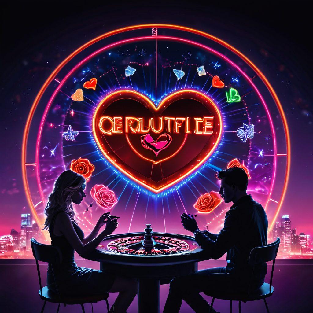 A heart-shaped roulette wheel surrounded by neon lights and scattered playing cards. Two silhouettes of a couple excitedly placing bets, with romantic symbols like roses and hearts hovering around them. A vibrant sky filled with stars symbolizing dreams and chance. Glowing digital screens showcasing online gaming platforms in the background. vibrant colors. cyberpunk.